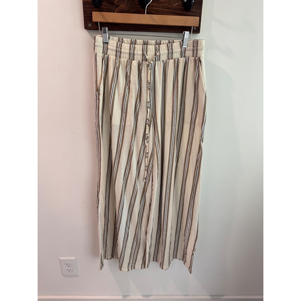 American Eagle Striped Wide Leg Pants Womens Small Cream Brown Cotton Drawstring